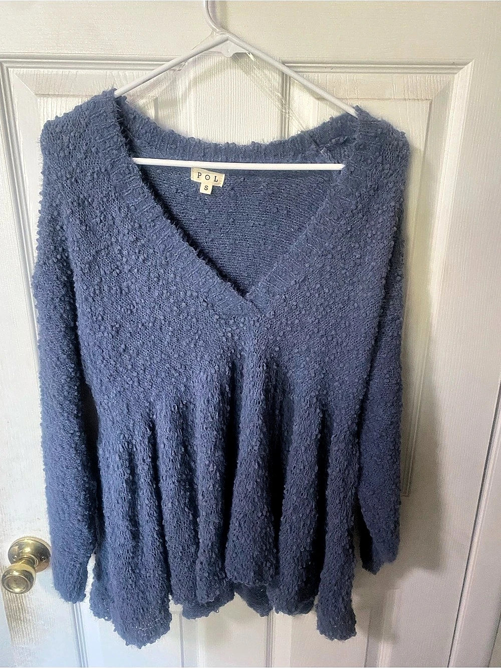 POL peplum babydoll boucle V-Neck Sweater in Blue Size Small Like New